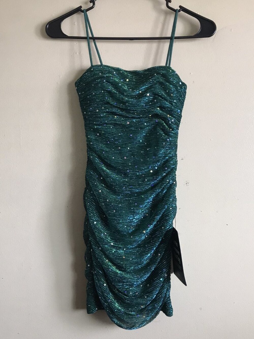 Lulus Flirty Vibes Teal Sparkly Ruched Bodycon Mini‎ Dress Size XS